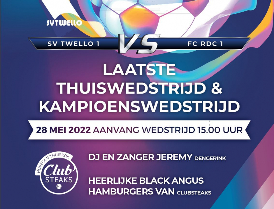 28 mei 2022 is de laatste thuiswedstrijd & Kampioenswedstrijd, aanvang 15:00