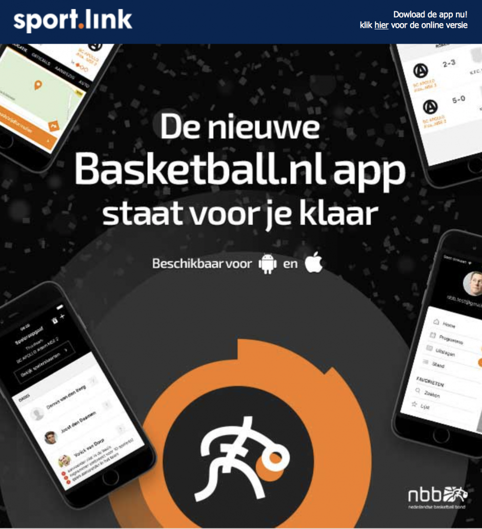 Voor Android en IOS is er de nieuwe NBB Basketball.nl app. Deze kun je in de store downloaden. Inloggen met jouw bij SV Twello bekende gegevens.